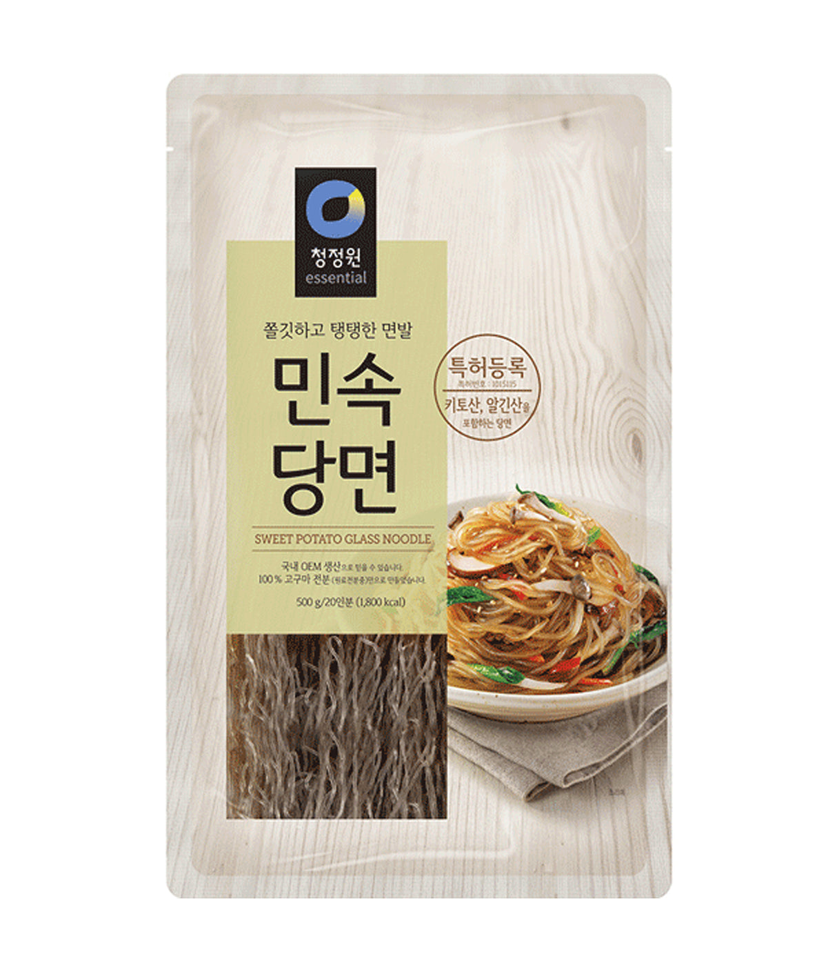 Packaging of Daesang Sweet Potato Glass Noodle showing the product and a bowl of cooked noodles.
