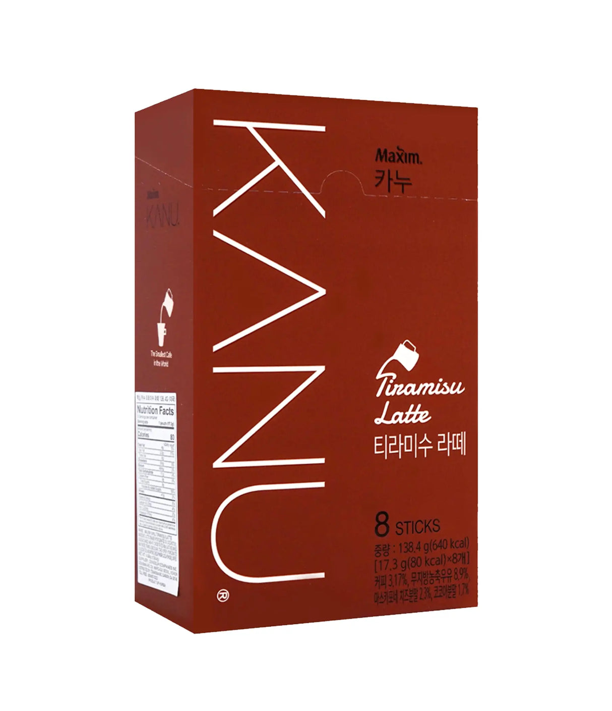 A box of Dongsuh Kanu Tiramisu Latte, containing 8 sticks of coffee mix, with Korean text and branding.