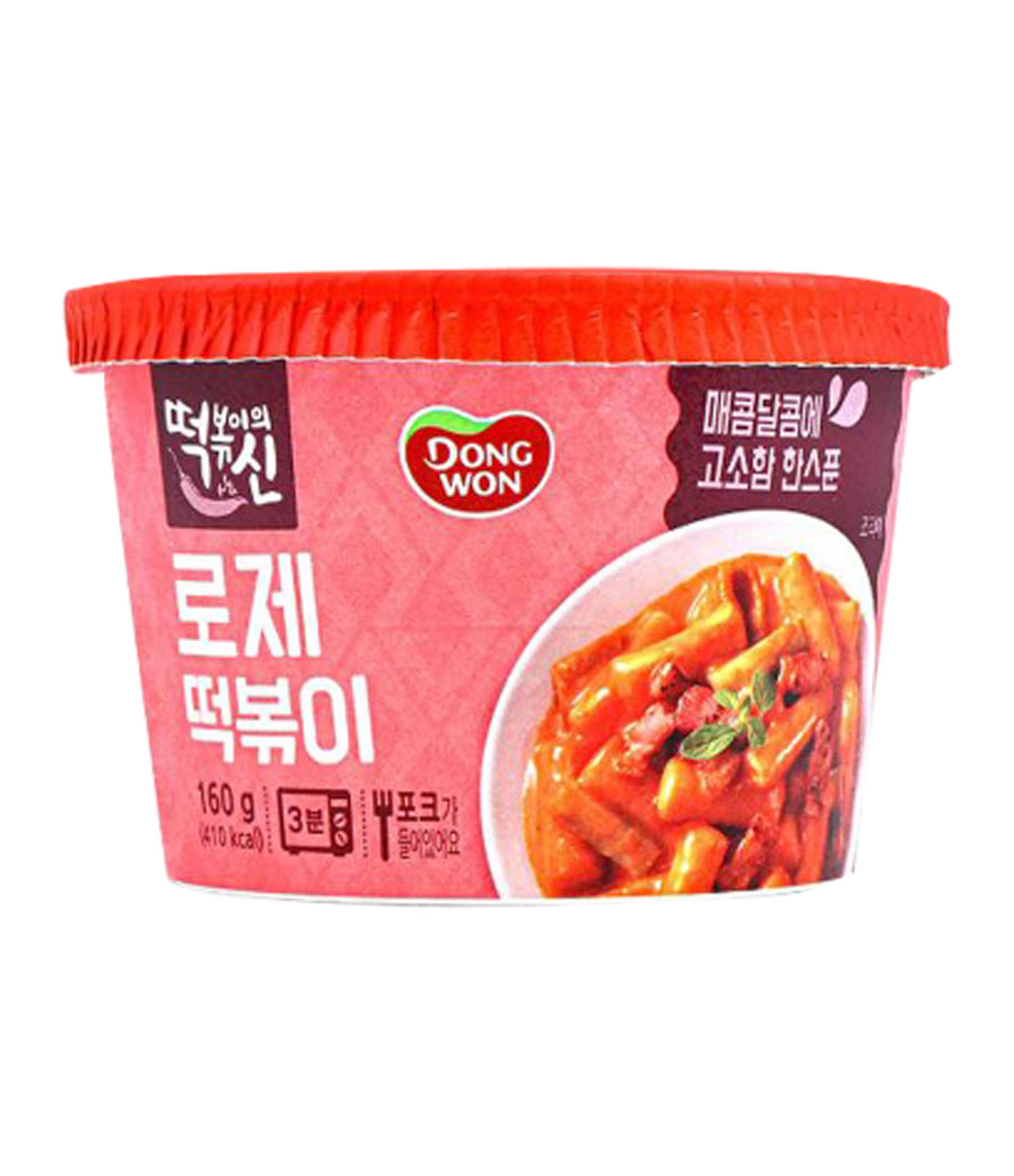 Packaging of Dongwon Rosé Topokki, showing the product name, weight, and an image of the noodles with sauce.