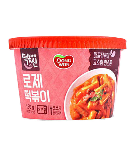 Packaging of Dongwon Rosé Topokki, showing the product name, weight, and an image of the noodles with sauce.
