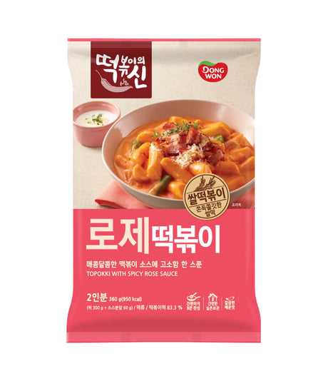 Packaging for Dongwon Rosé Topokki featuring an image of the product, which is a spicy Korean instant noodle dish, with Korean text and branding.