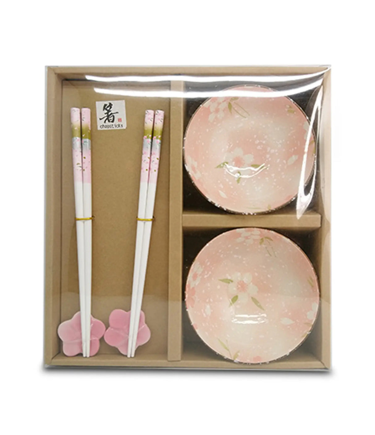 Set of two pink ceramic bowls with chopsticks in a cardboard box