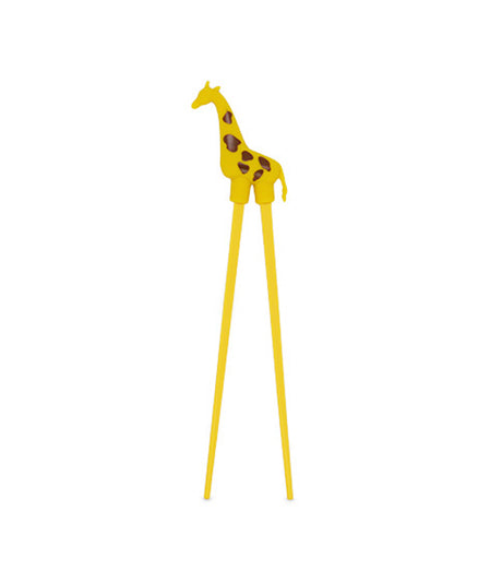 A pair of yellow plastic chopsticks with a giraffe design on the top.