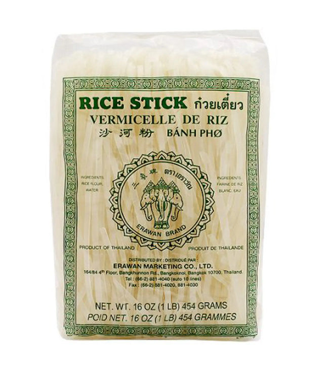 Packaging of Erawan Rice Stick Vermicelle de Riz, showing a clear plastic window displaying the rice sticks inside, with green and red text on the label indicating it is a product of Thailand.