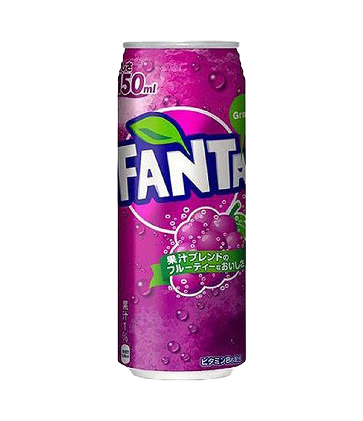 A can of Fanta Grape Soda with Japanese text, predominantly purple and white color scheme.