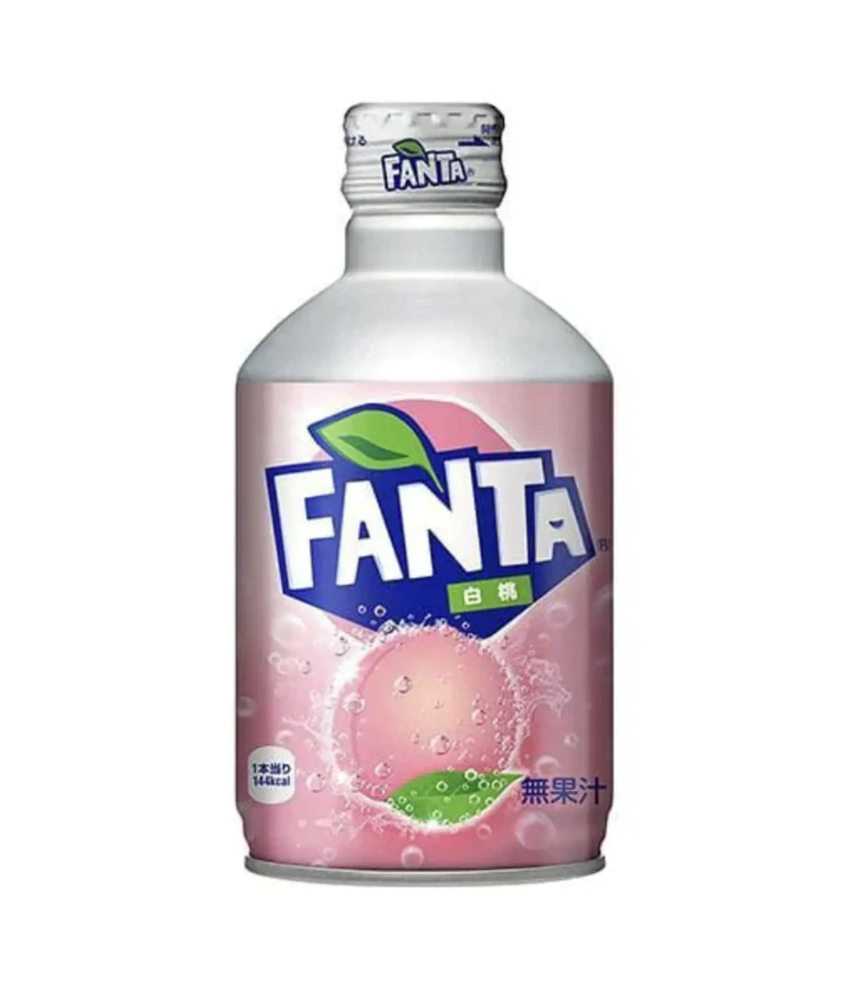 A bottle of Fanta White Peach Soda with a pink label, depicting a peach and leaves, indicating it is a flavored soda from Japan.