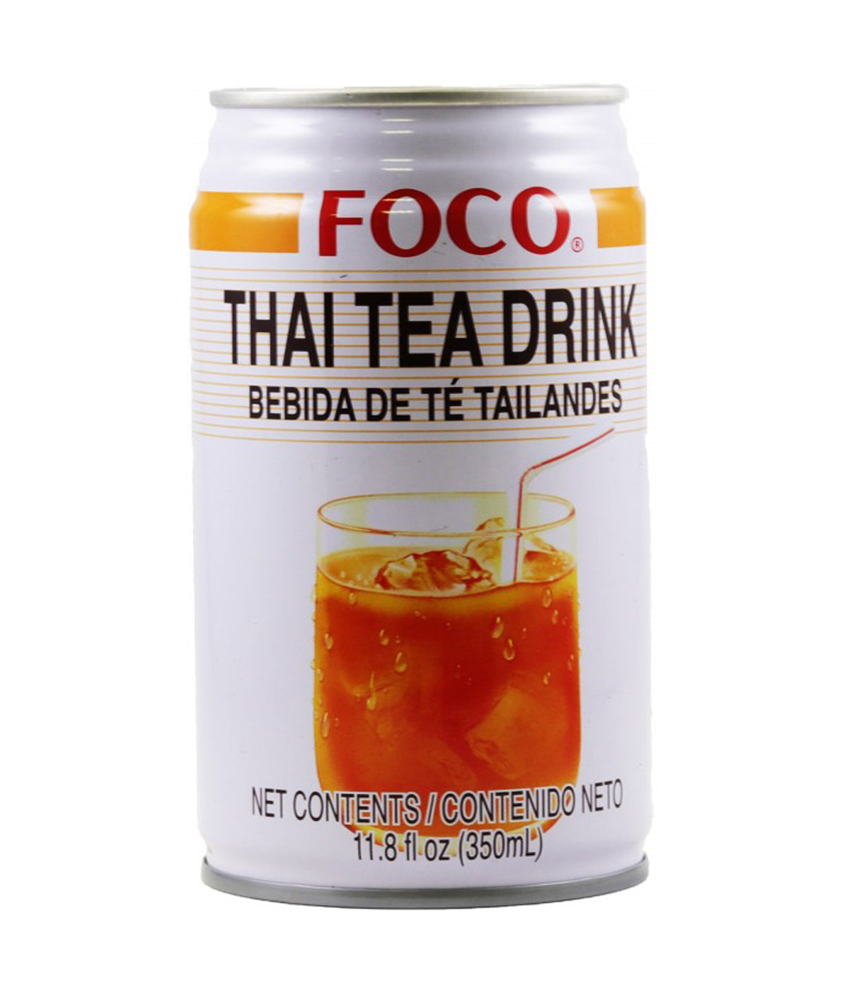 A can of FOCO Thai Tea Drink with an illustration of the drink and a straw on the label.