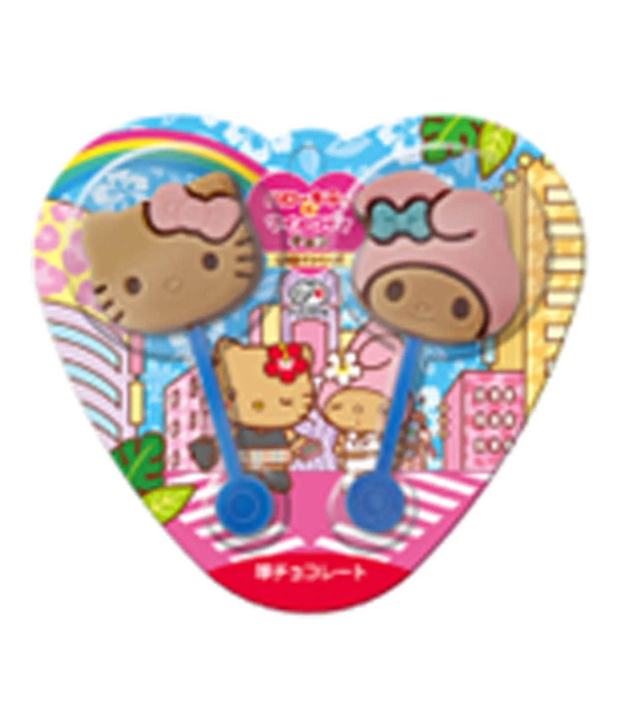 A heart-shaped Sanrio Hello Kitty product package containing two small Hello Kitty-themed items, likely hair clips or accessories, with colorful cartoon artwork on a plain white background.