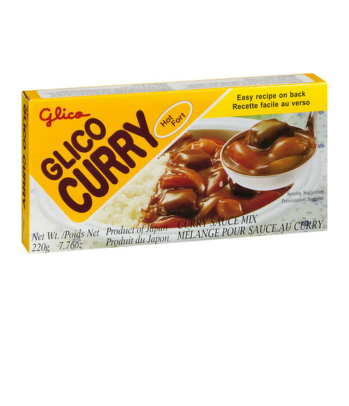 Packaging of Glico Curry Sauce Mix featuring the product name, an image of the curry sauce served with rice, and text in Japanese.
