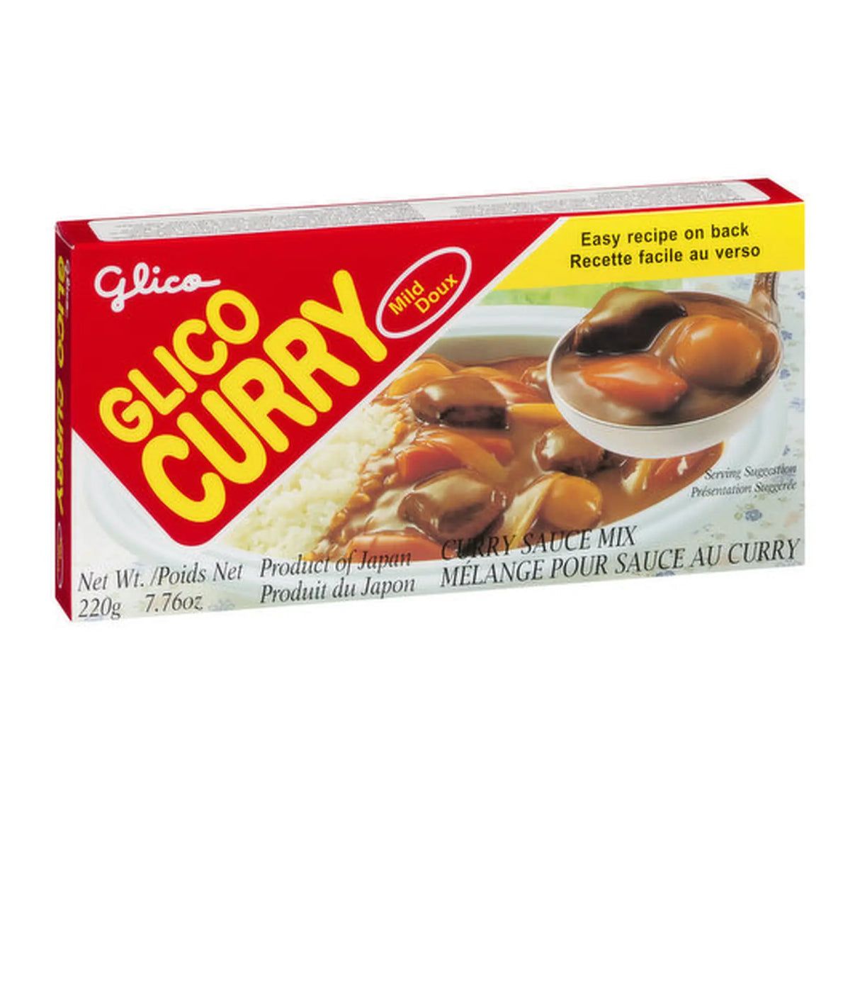 Packaging of Glico Curry Sauce Mix featuring the product name, image of the prepared sauce, and text indicating it is a mild sauce mix produced in Japan.