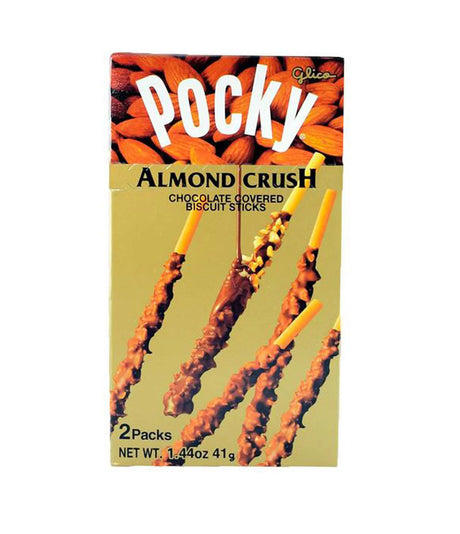 Packaging of Glico Pocky Biscuit Sticks Almond Crush 41g, displaying the product name and almond crush imagery, with two packs contained within.