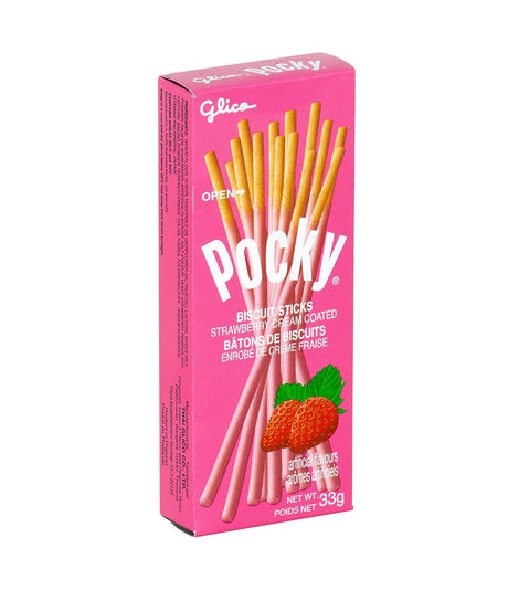 A package of Glico Pocky Biscuit Sticks with Strawberry flavor, predominantly pink in color with an image of the biscuit sticks and a strawberry on the front.
