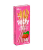 A package of Glico Pocky Biscuit Sticks with Strawberry flavor, predominantly pink in color with an image of the biscuit sticks and a strawberry on the front.