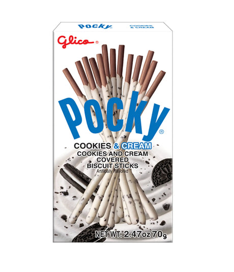 Packaging of Glico Pocky Cookies & Cream Biscuit Sticks Cream Coated 70g showing the product name and images of the biscuit sticks.