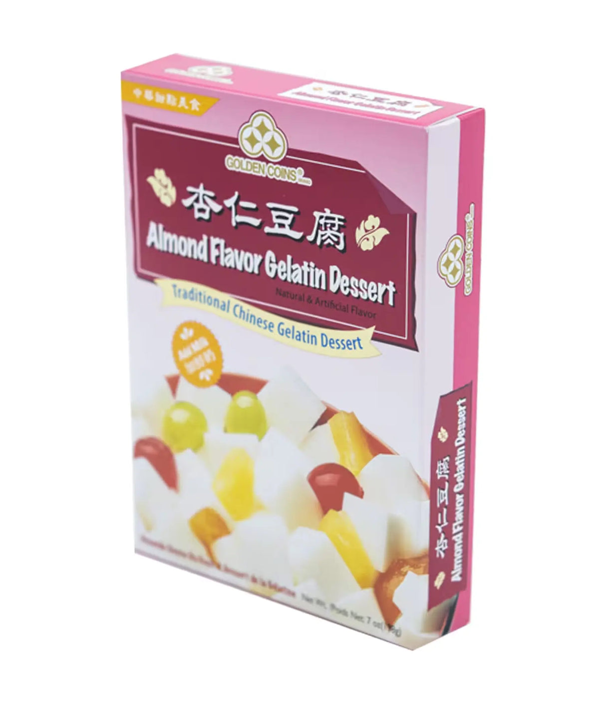 Box of Almond Flavor Gelatin Dessert with colorful graphics on a white background