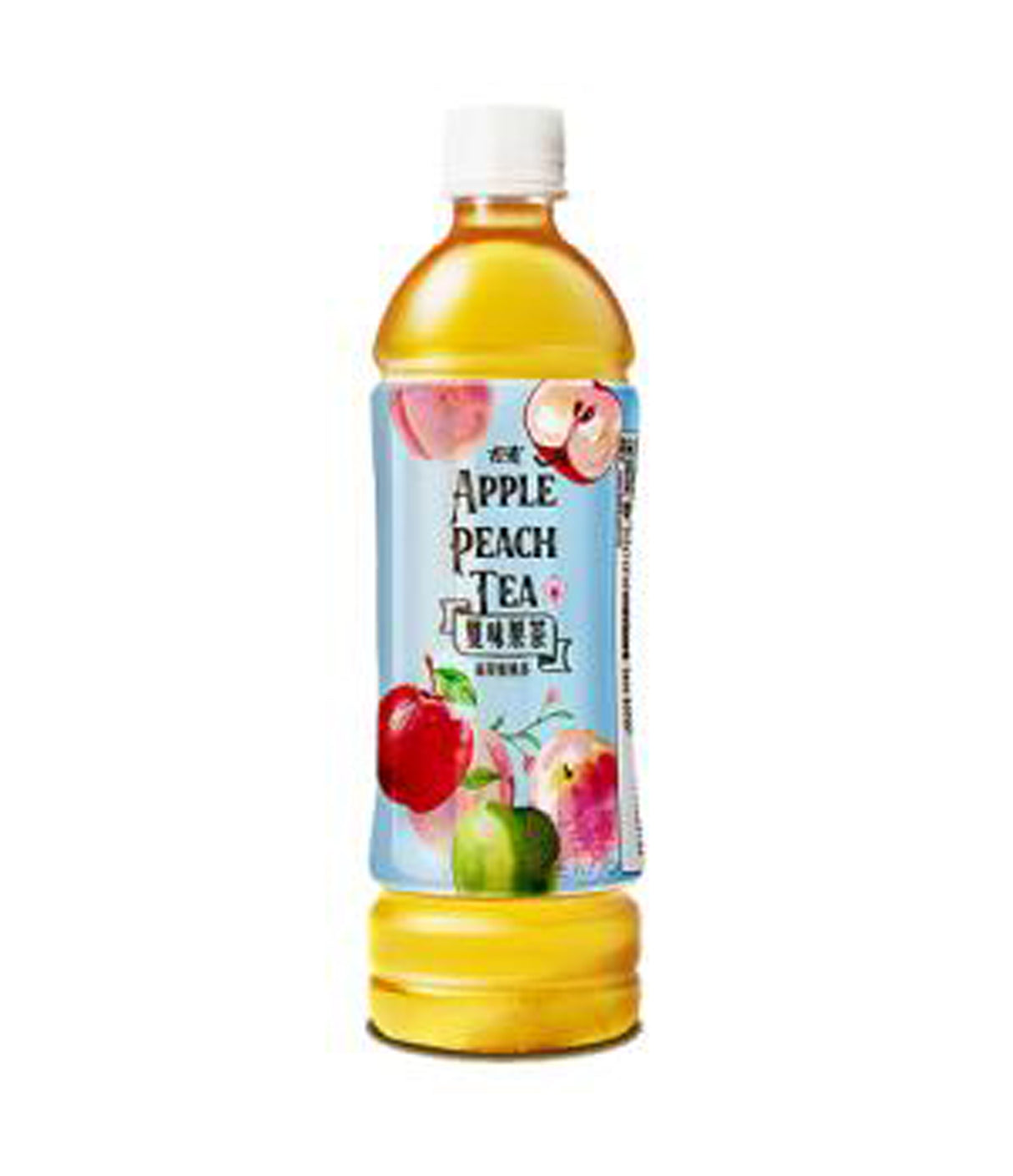 A bottle of GuDao Apple Peach Tea with a label showing images of apples and peaches. The tea is presented in a clear bottle with a white cap.