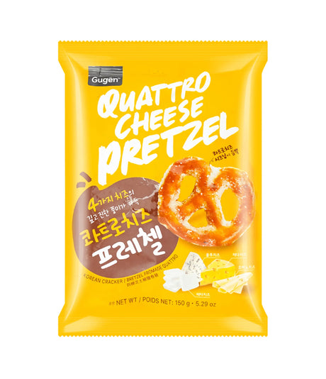 Packaging of Gugen Quattro Cheese Pretzel 150g showing the product name and an image of a pretzel with cheese on it, with yellow branding colors.
