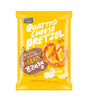 Packaging of Gugen Quattro Cheese Pretzel 150g showing the product name and an image of a pretzel with cheese on it, with yellow branding colors.