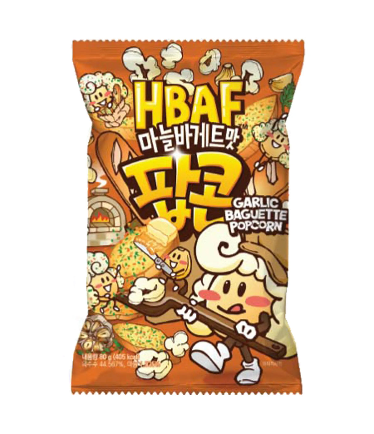 Packaging for HBAF Garlic Baguette Popcorn 80g, with colorful graphics of popcorn and breadsticks, and Korean text.