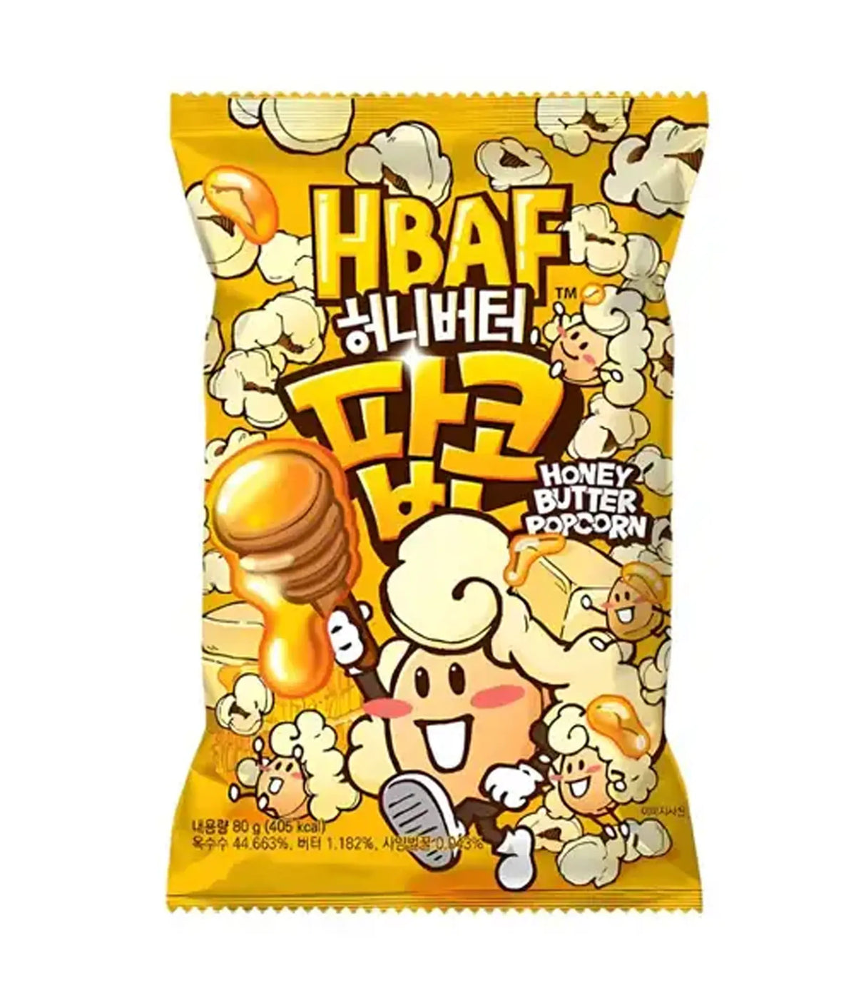 A package of HBAF Honey Butter Popcorn featuring an illustration of a cartoon popcorn character, with honey butter popcorn depicted in the background.