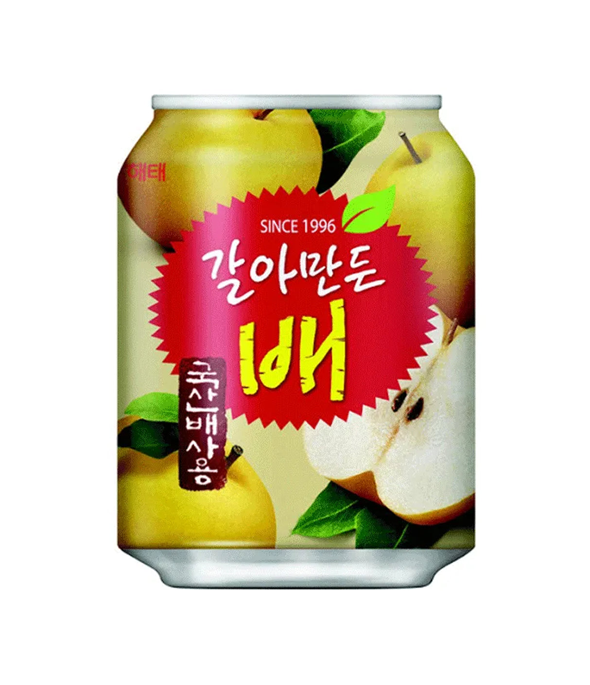 A can of Haitai Crushed Pear Juice featuring images of pears and leaves on the design, with Korean text and the product name.