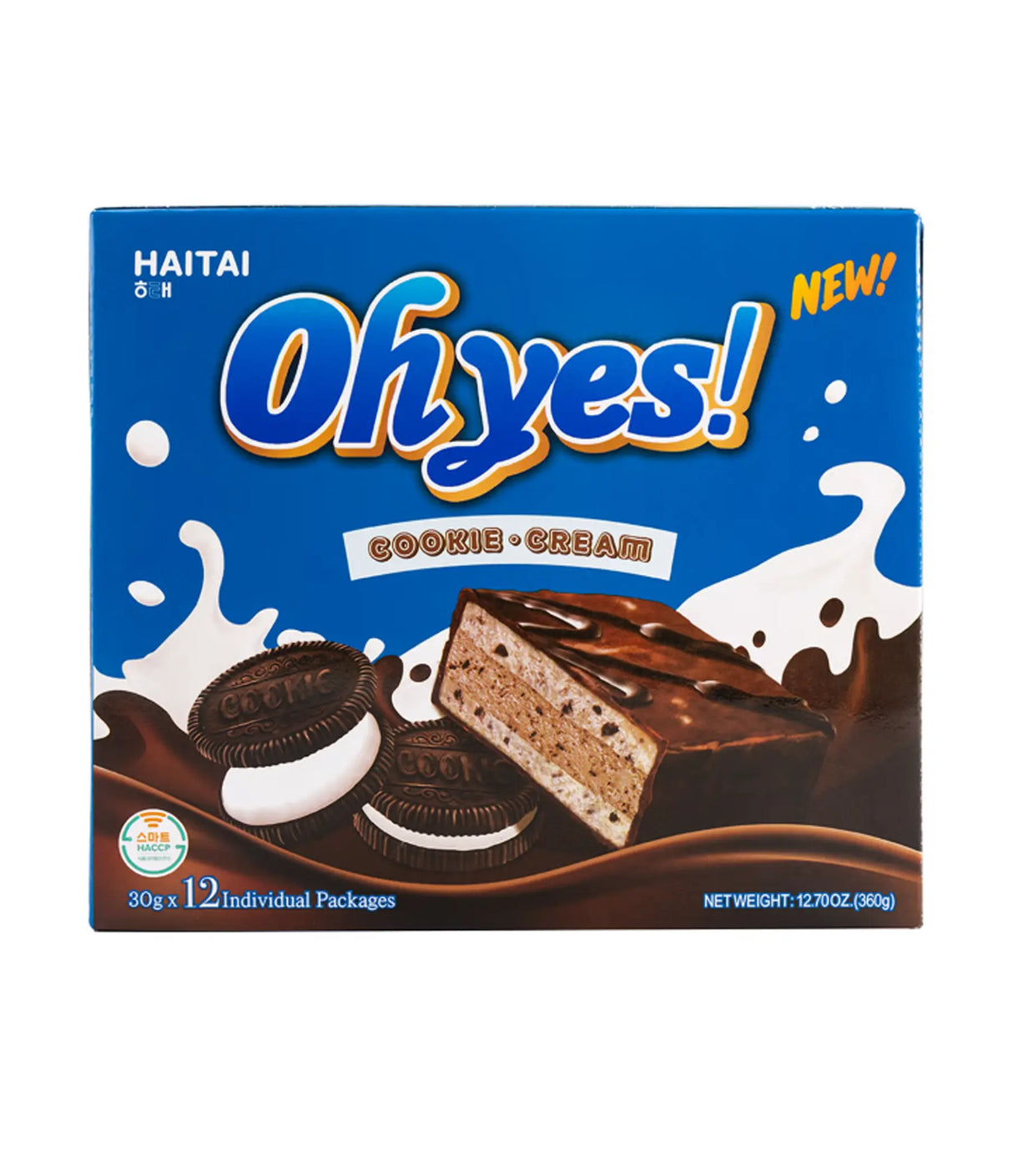 Box of HAITAI Ohyes! Cookie & Cream ice cream bars on a white background