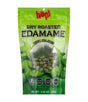 Green package of dry roasted edamame with sea salt on a white background