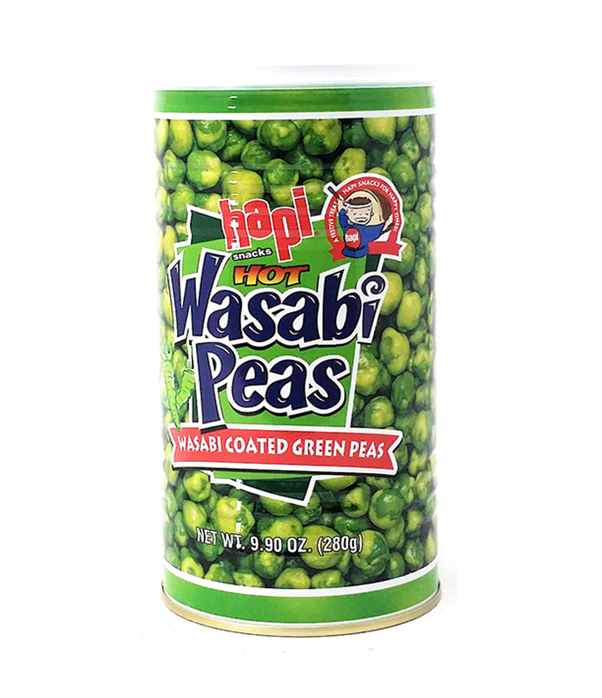 A can of Hapi Hot Wasabi Peas, featuring wasabi coated green peas, with product tags indicating it's a Japanese snack from Thailand.