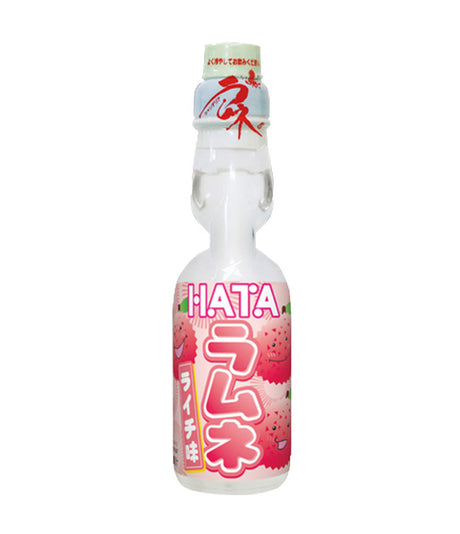 A bottle of Hata Ramune Soda with Lychee Flavor, 200ml, with Japanese text on the label.