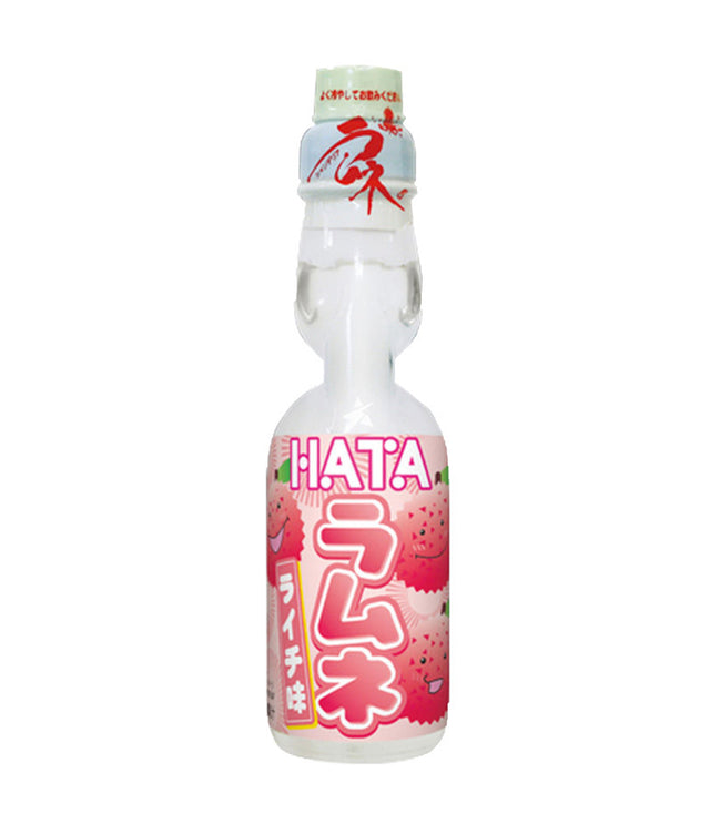 A bottle of Hata Ramune Soda with Lychee Flavor, 200ml, with Japanese text on the label.