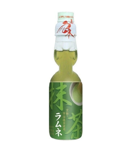 A bottle of Hata Ramune Soda with Matcha flavor, predominantly green in color with Japanese text and matcha imagery.