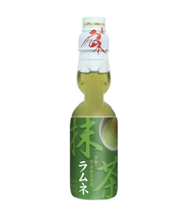 A bottle of Hata Ramune Soda with Matcha flavor, predominantly green in color with Japanese text and matcha imagery.