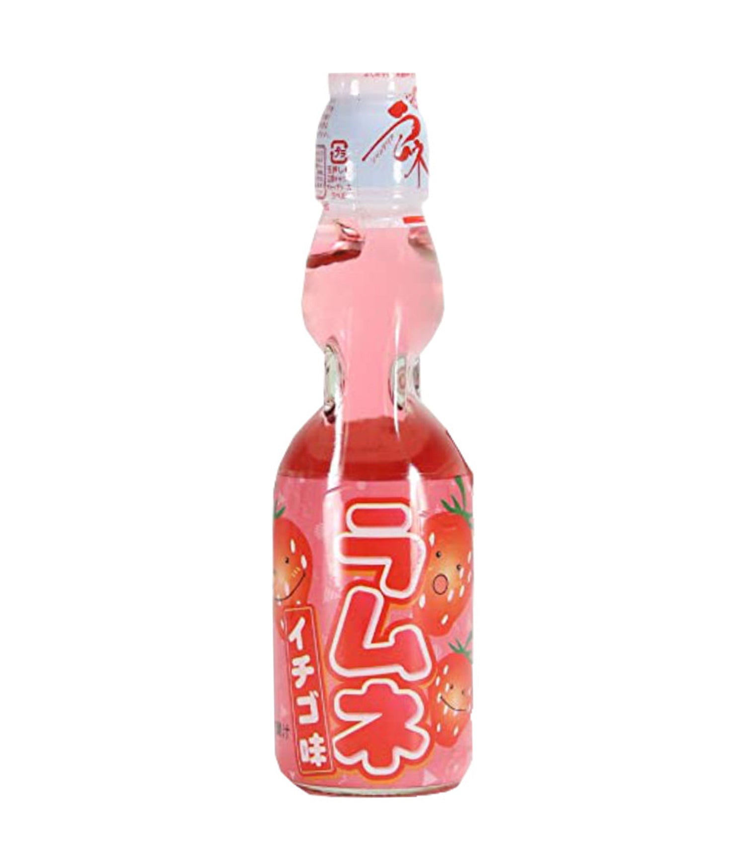 A bottle of Hata Ramune Soda with Strawberry Flavor, 200ml, with Japanese text and graphics on the label.