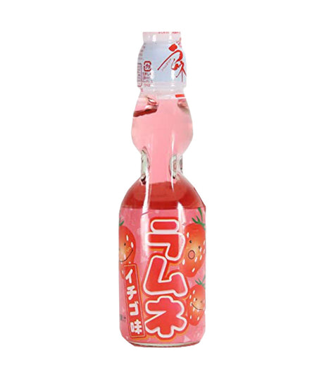 A bottle of Hata Ramune Soda with Strawberry Flavor, 200ml, with Japanese text and graphics on the label.