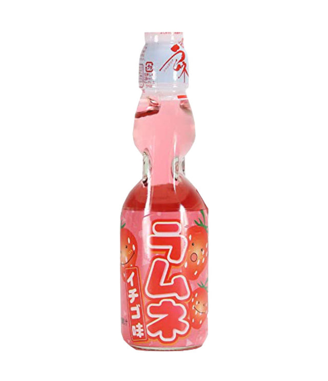 A bottle of Hata Ramune Soda with Strawberry Flavor, 200ml, with Japanese text and graphics on the label.