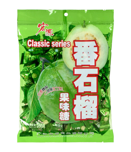 A package of Hong Yuan Guava Candy featuring an image of fresh guava fruit and the product name in both English and Chinese.