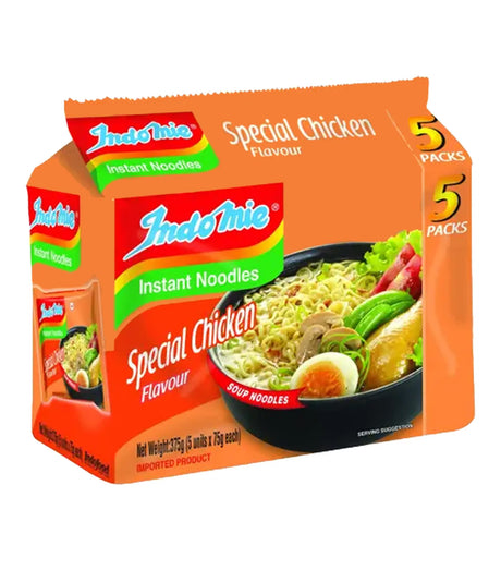 Packaging of Indomie Instant Noodles with Special Chicken Flavour, showing the product name, brand logo, and an image of the noodles in a bowl.