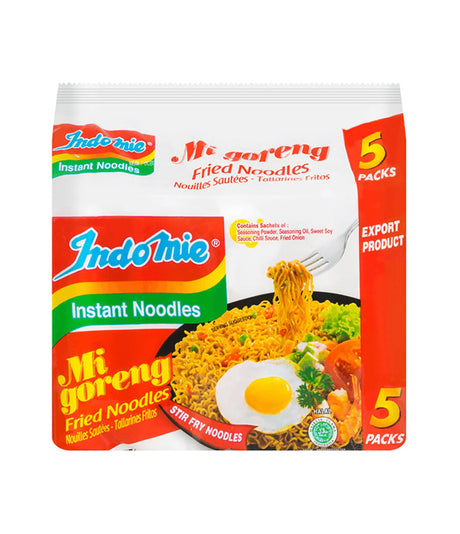 Packaging of Indomie Mi Goreng Fried Noodles showing the product name, image of the noodles with egg, and indication of 5x85g packs.
