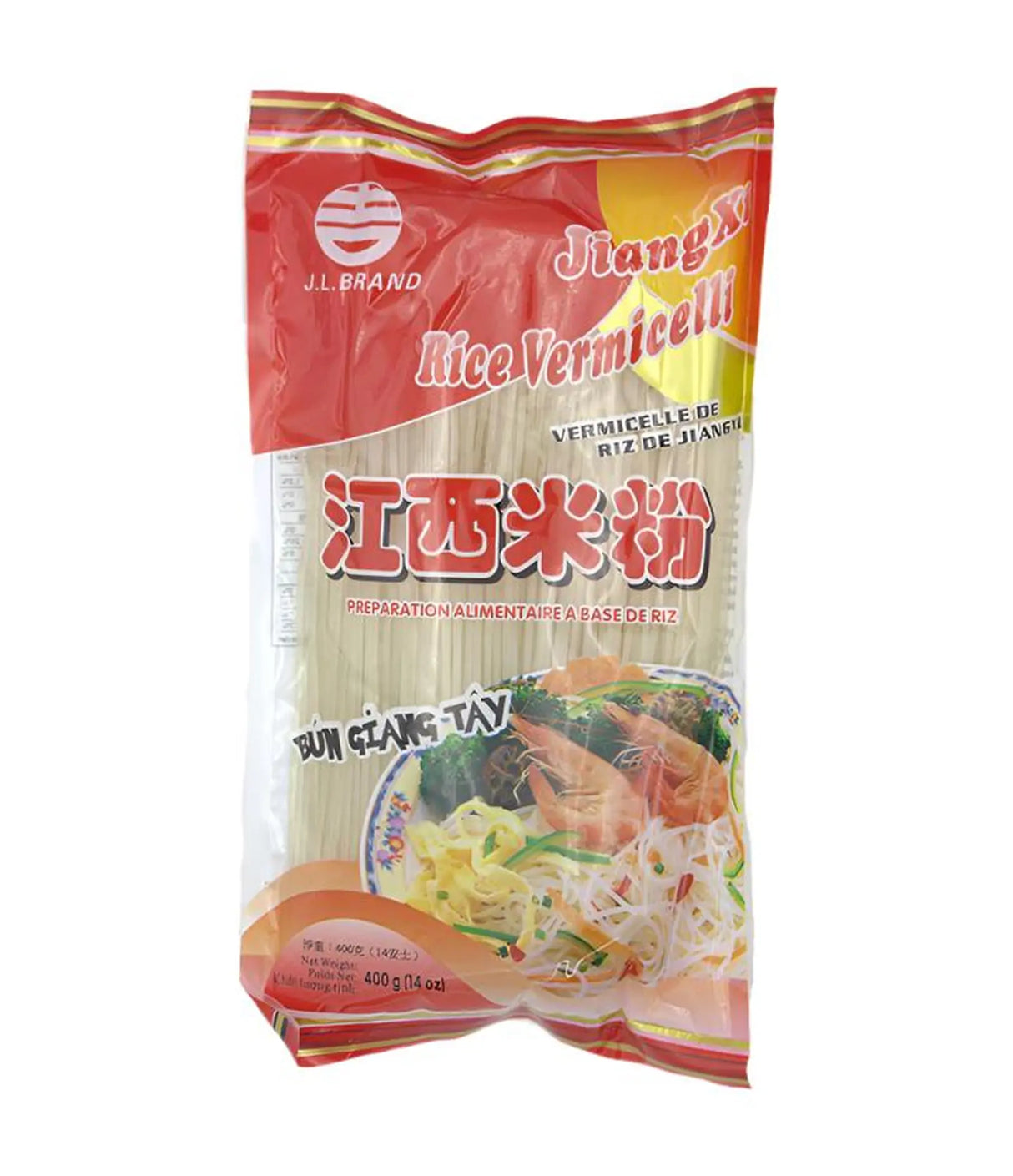 JiangXi Rice Vermicelli package with red and white design on a white background