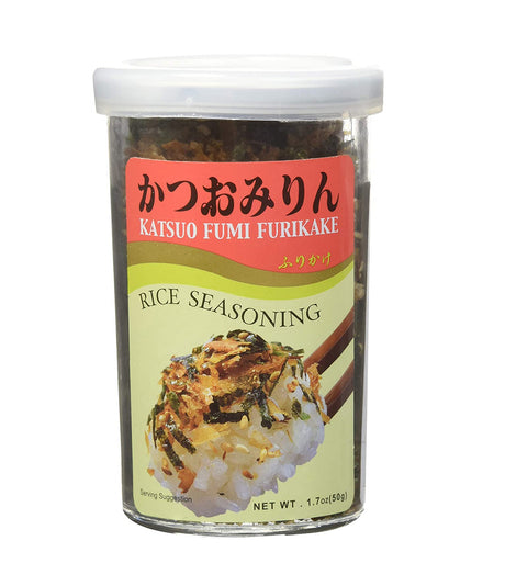 A container of JFC Katsuo Fumi Furikake Rice Seasoning, with a label displaying the product name and an image of seasoned rice.