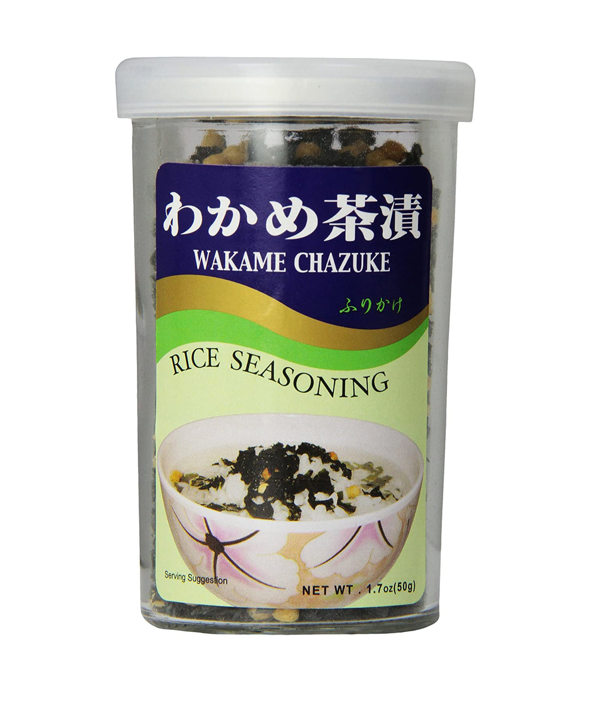 A container of JFC Wakame Chazuke Rice Seasoning with a picture of a bowl of seasoned rice on the label.