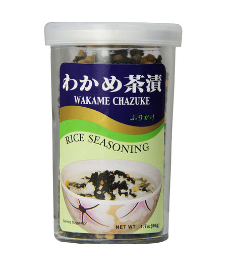 A container of JFC Wakame Chazuke Rice Seasoning with a picture of a bowl of seasoned rice on the label.