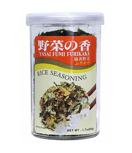 A container of JFC - Yasai Fumi Furikake Rice Seasoning 50g, with labeling in both English and Japanese.