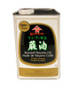 A 1.65L metal can of Kadoya 100% Pure Roasted Sesame Oil with black and white label, predominantly black with red and green accents.