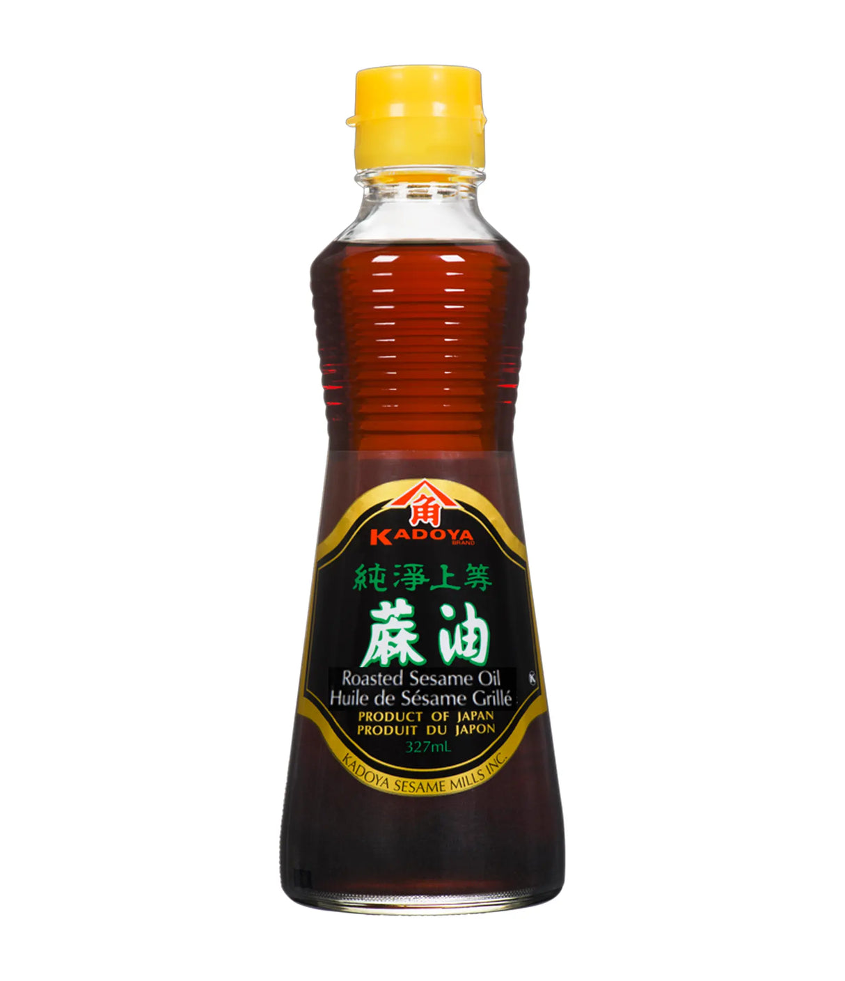A bottle of Kadoya Roasted Sesame Oil 100% Pure with a yellow cap on a white background.