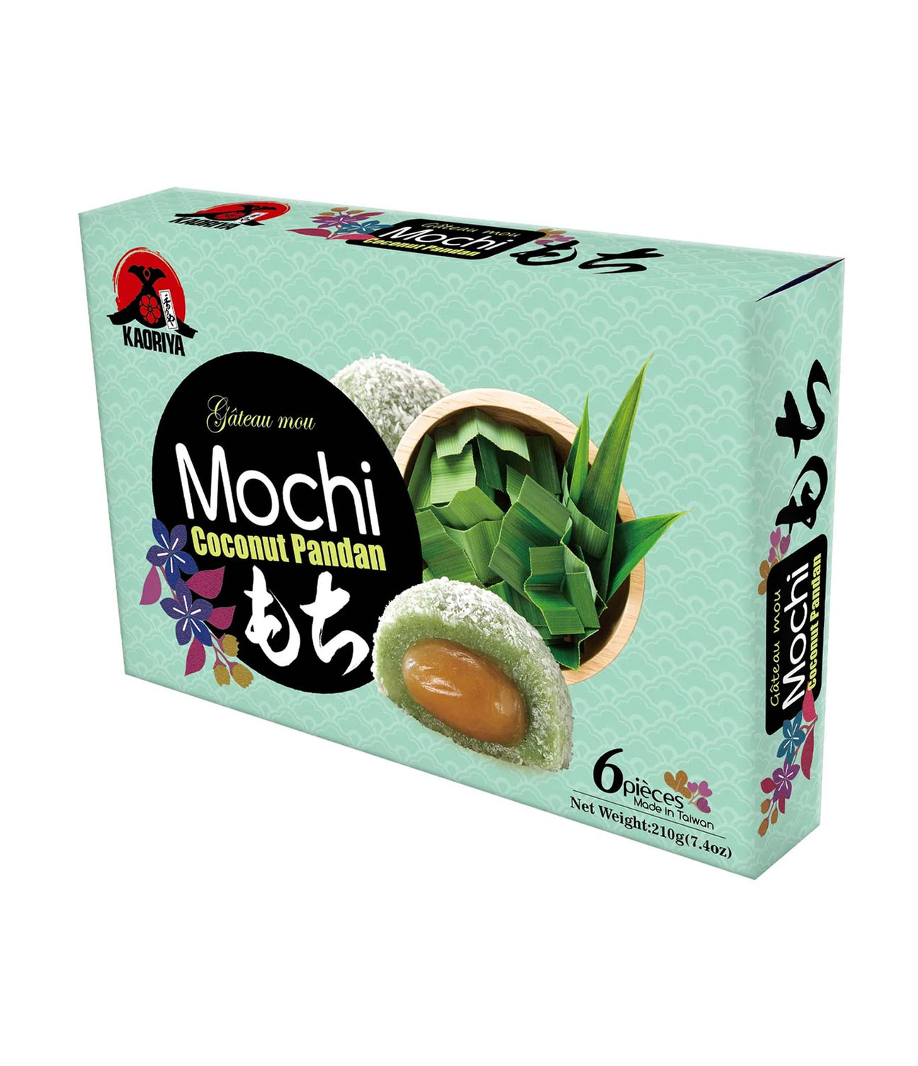 A box of Kaoriya Coconut Pandan Mochi featuring images of the mochi with pandan leaves and coconut, indicating the flavors.