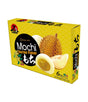 Packaging of Kaoriya Durian Mochi featuring an image of the product, durian fruit, and the box's text displays the product name and the number of pieces, 6, included in the package.
