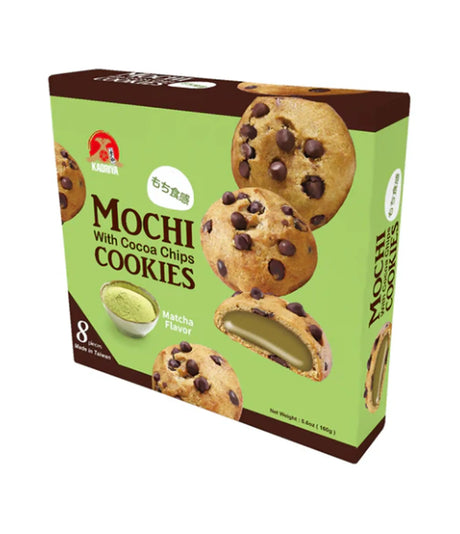 A box of Kaoriya Mochi with Cocoa Chips Cookies. The packaging is green and brown with images of the mochi cookies and matcha powder.
