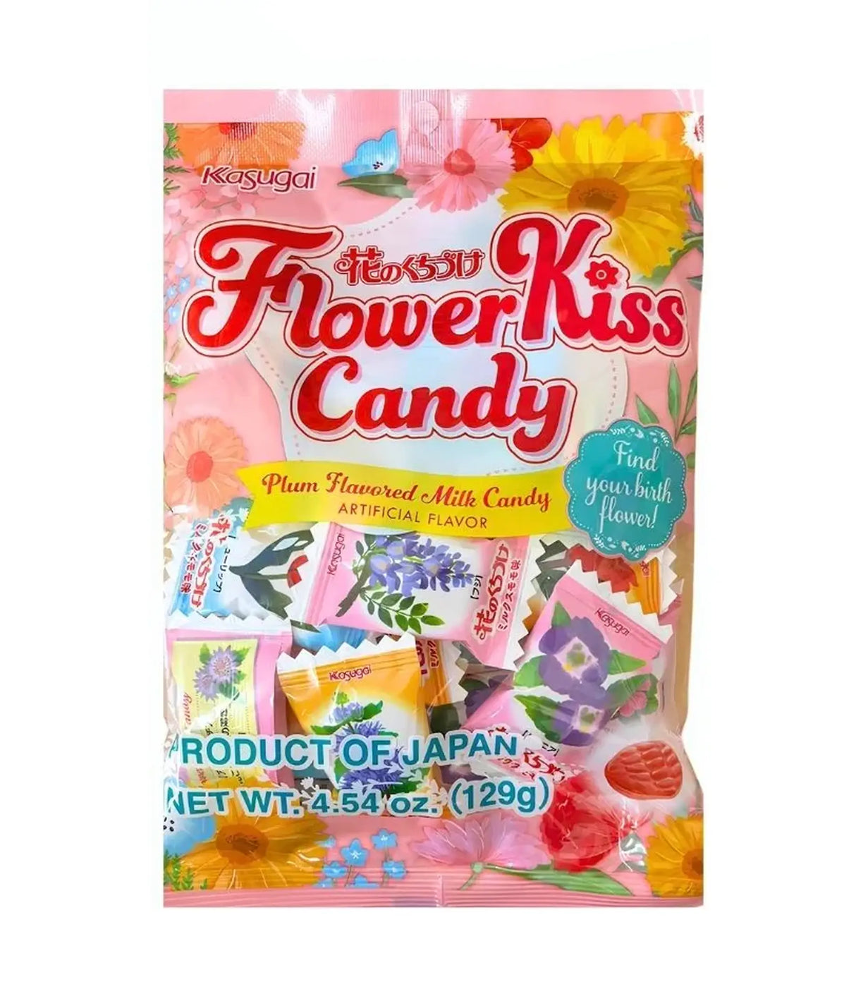 Packaging of Flower Kiss Candy with colorful design and text on a white background