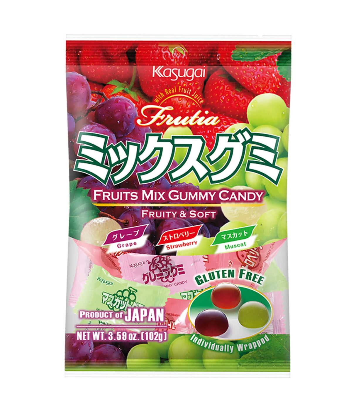 Kosugai Frutia Fruits Mix Gummy Candy packaging with colorful graphics on a white background